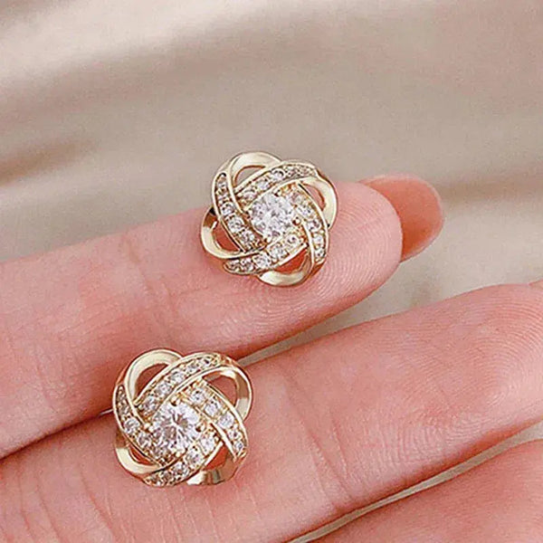 Glittering Gold Spiral Floral Crystal Stud Earrings - Delicate, Sparkling Floral Design