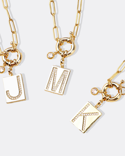 Pave Initial Pendant Necklace with Paperclip Chain