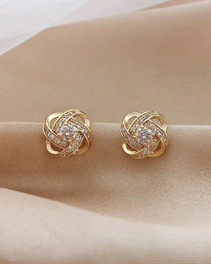Glittering Gold Spiral Floral Crystal Stud Earrings - Delicate, Sparkling Floral Design