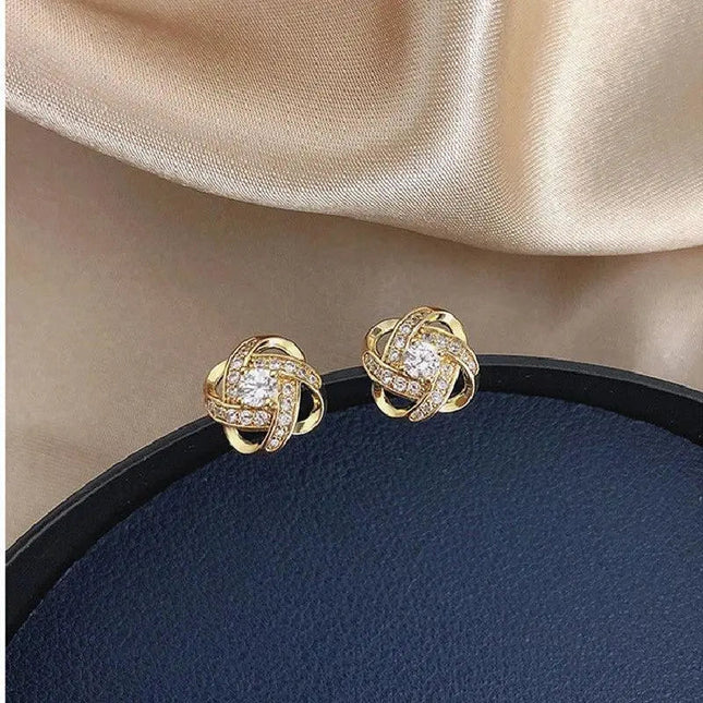 Glittering Gold Spiral Floral Crystal Stud Earrings - Delicate, Sparkling Floral Design