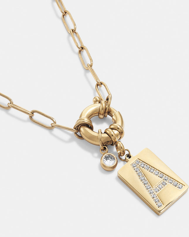 Pave Initial Pendant Necklace with Paperclip Chain