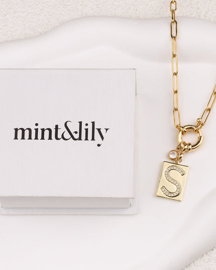 Pave Initial Pendant Necklace with Paperclip Chain