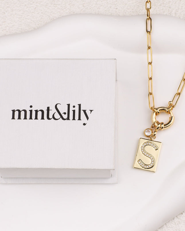 Pave Initial Pendant Necklace with Paperclip Chain
