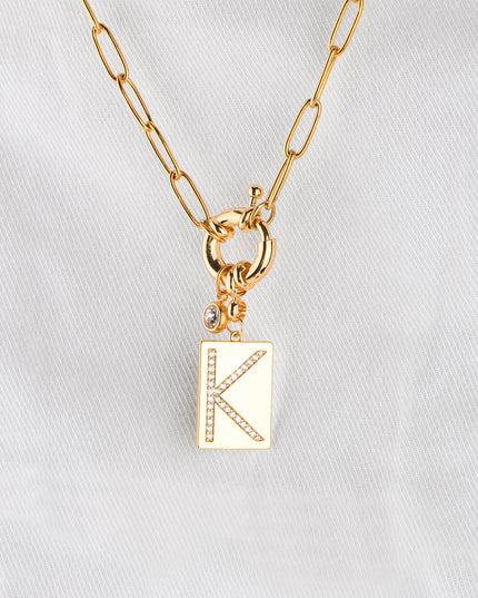Pave Initial Pendant Necklace with Paperclip Chain