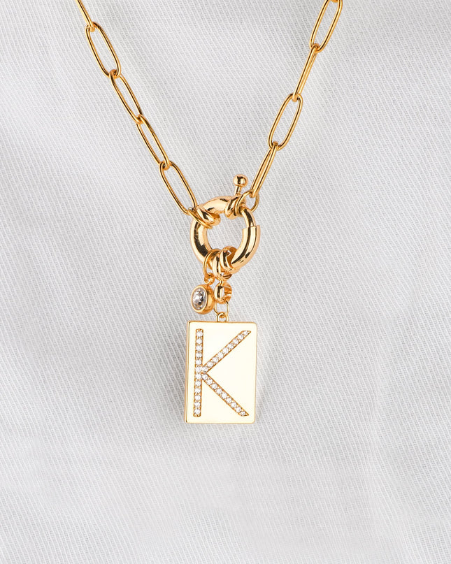 Pave Initial Pendant Necklace with Paperclip Chain
