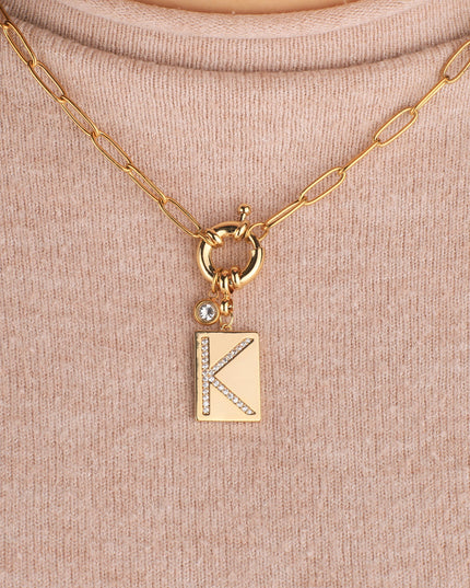 Pave Initial Pendant Necklace with Paperclip Chain