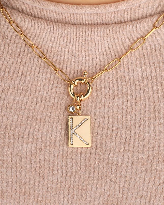 Pave Initial Pendant Necklace with Paperclip Chain