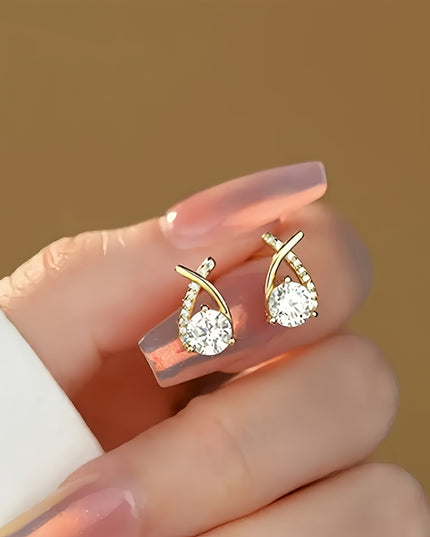 Gleaming Golden Cross Zirconia Stud Earrings