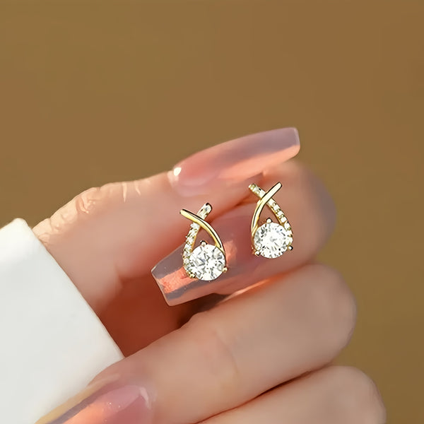 Gleaming Golden Cross Zirconia Stud Earrings