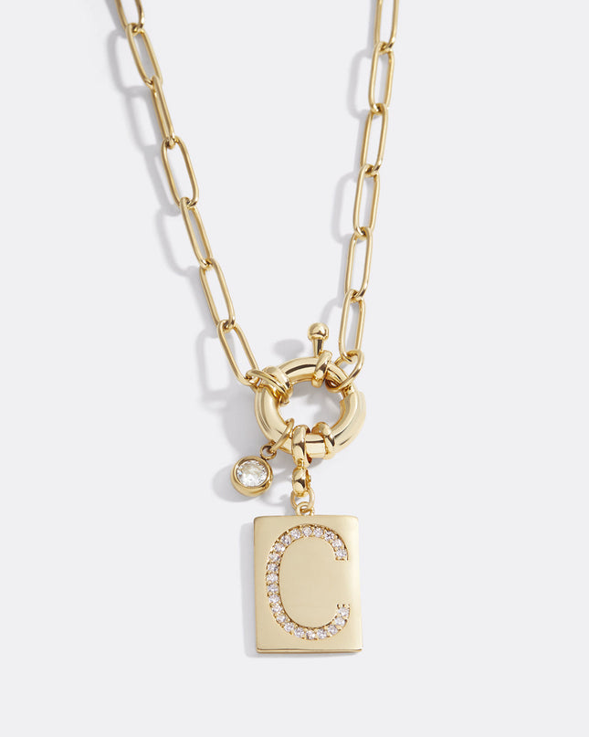 Pave Initial Pendant Necklace with Paperclip Chain