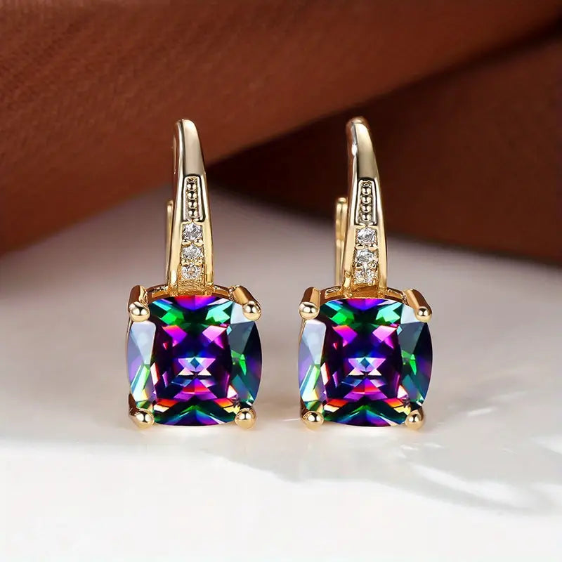 Radiant Mystic Sapphire Stone Gold Hoop Earrings
