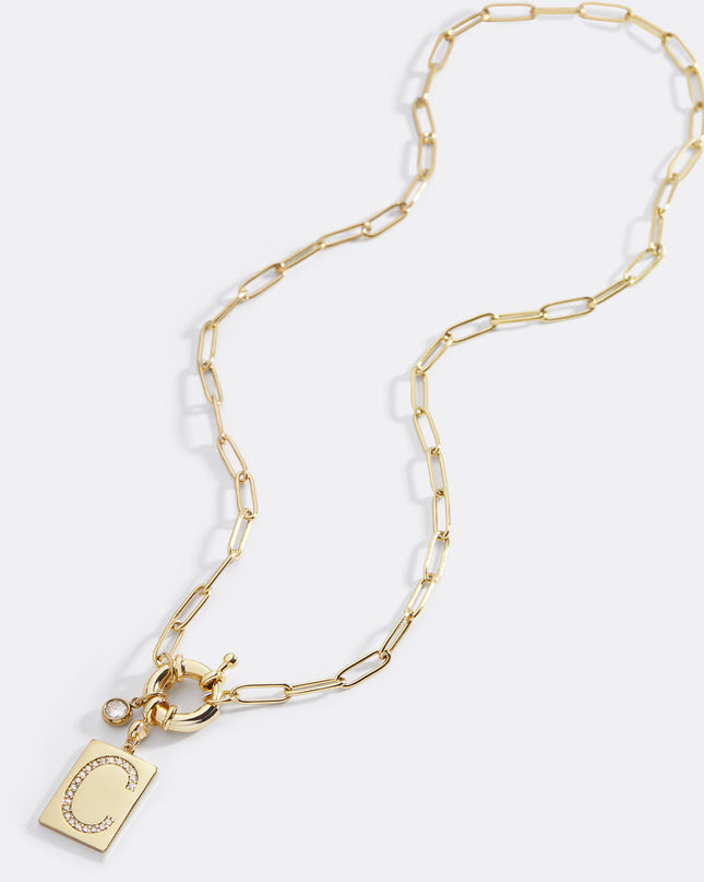 Pave Initial Pendant Necklace with Paperclip Chain