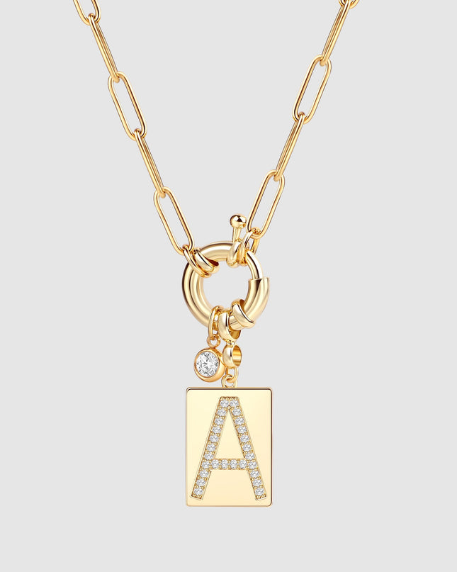 Pave Initial Pendant Necklace with Paperclip Chain