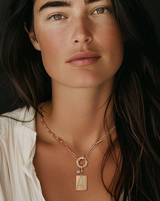 Pave Initial Pendant Necklace with Paperclip Chain
