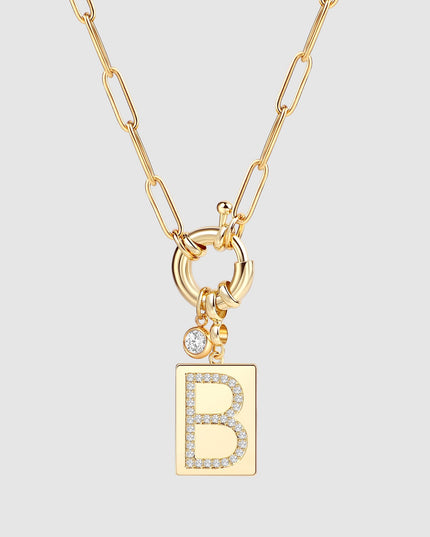 Pave Initial Pendant Necklace with Paperclip Chain