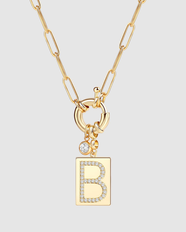 Pave Initial Pendant Necklace with Paperclip Chain