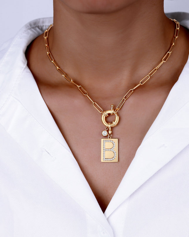 Pave Initial Pendant Necklace with Paperclip Chain