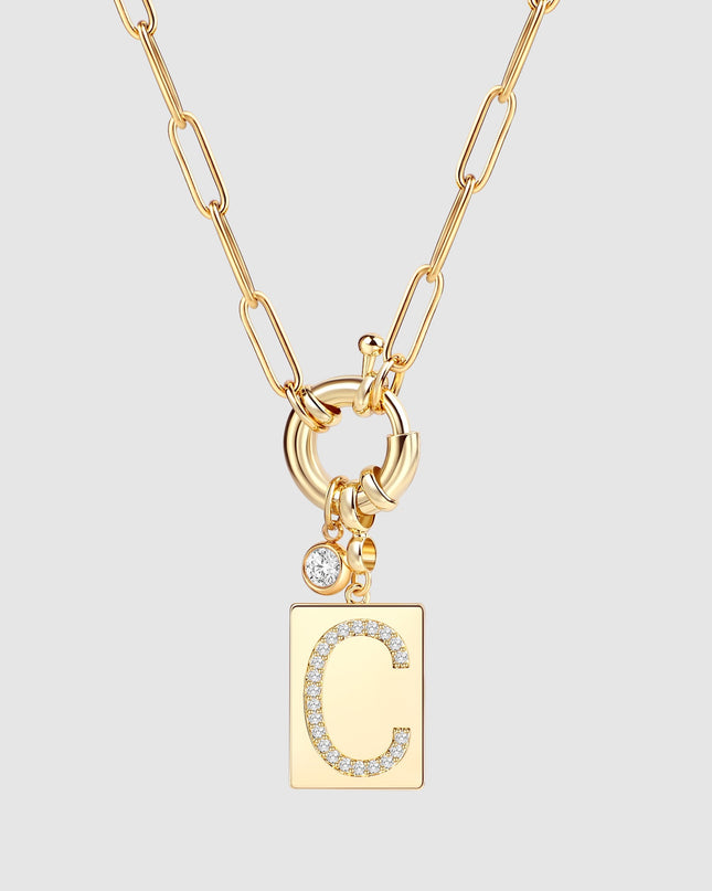 Pave Initial Pendant Necklace with Paperclip Chain