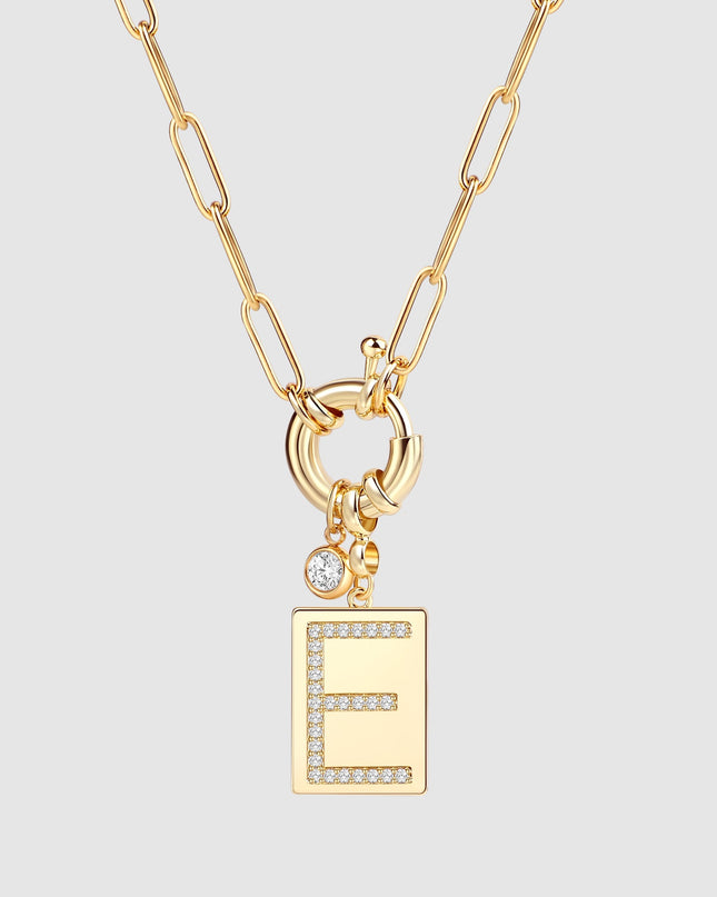Pave Initial Pendant Necklace with Paperclip Chain