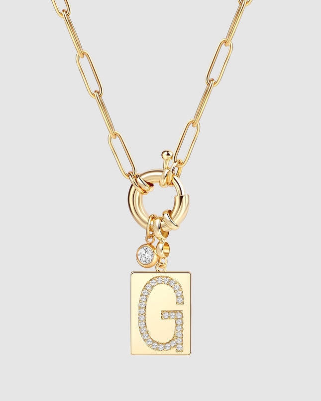 Pave Initial Pendant Necklace with Paperclip Chain
