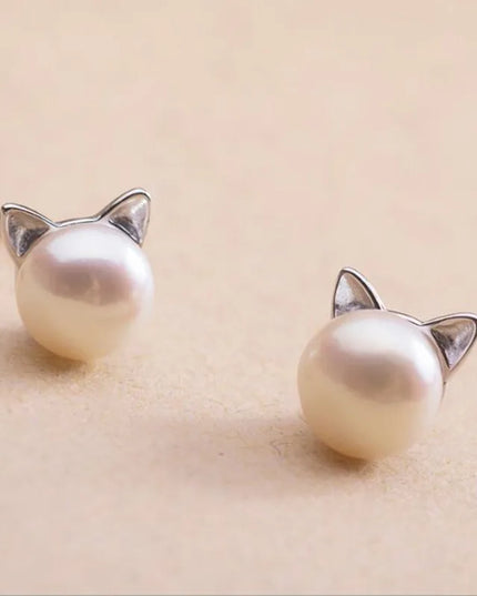 Delicate Sterling Silver Cat-Themed Pearl Stud Earrings — jewelry gift detail view 2 | Dear Given