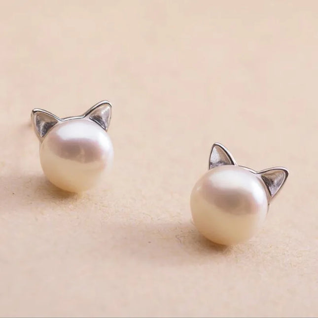 Delicate Sterling Silver Cat-Themed Pearl Stud Earrings — jewelry gift detail view 2 | Dear Given