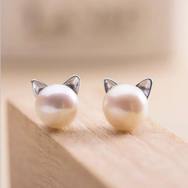 Delicate Sterling Silver Cat-Themed Pearl Stud Earrings — heartfelt jewelry gift for her | Dear Given