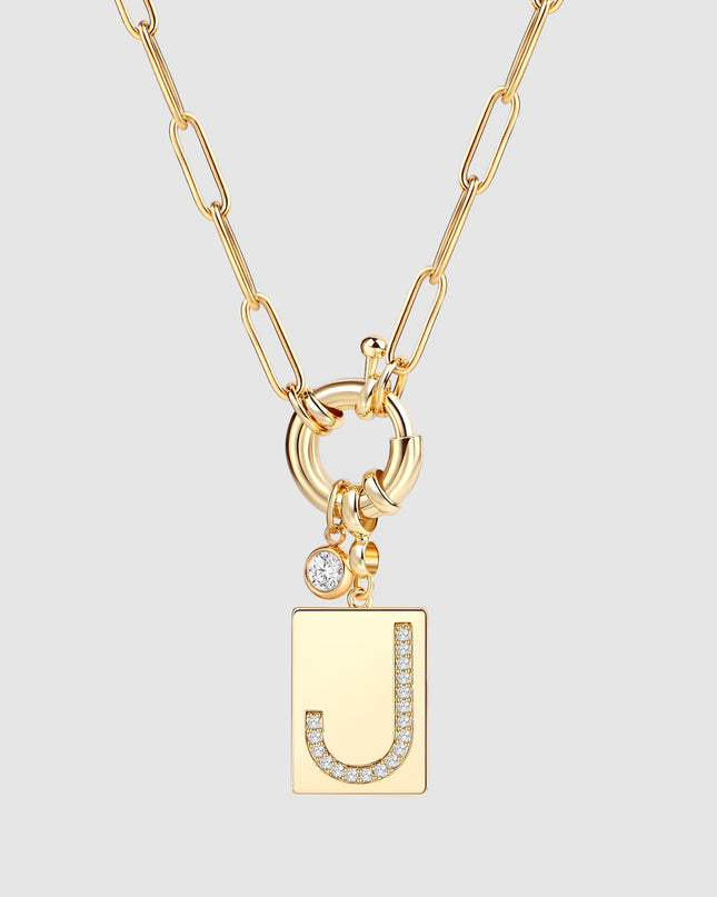 Pave Initial Pendant Necklace with Paperclip Chain