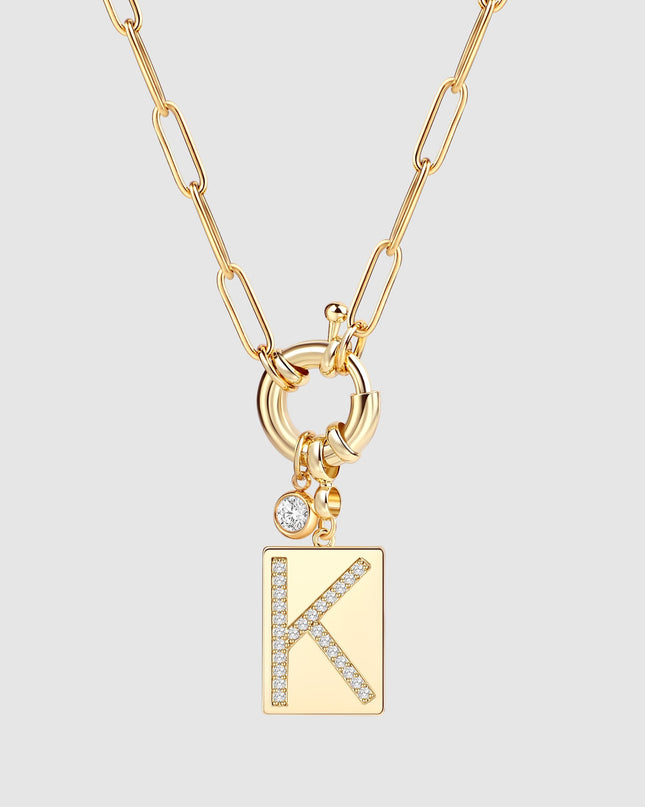 Pave Initial Pendant Necklace with Paperclip Chain