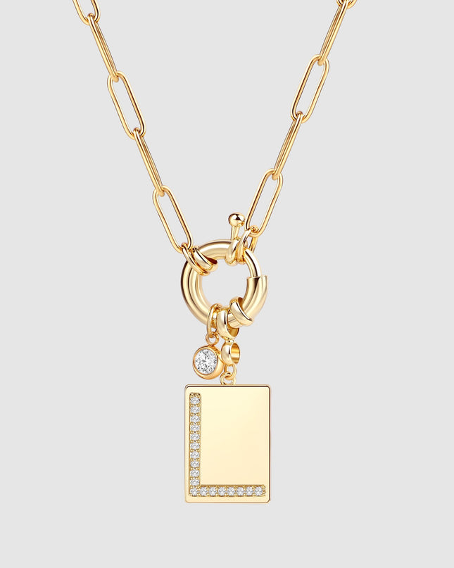 Pave Initial Pendant Necklace with Paperclip Chain