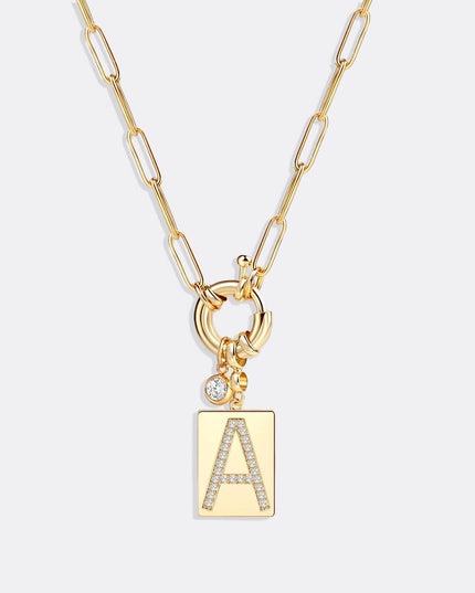 Pave Initial Pendant Necklace with Paperclip Chain
