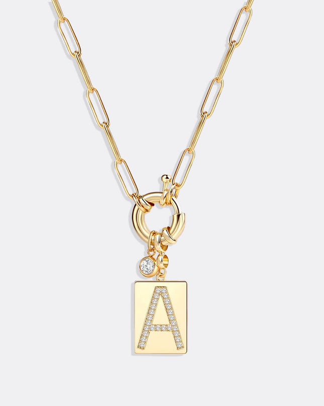 Pave Initial Pendant Necklace with Paperclip Chain