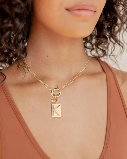 Pave Initial Pendant Necklace with Paperclip Chain