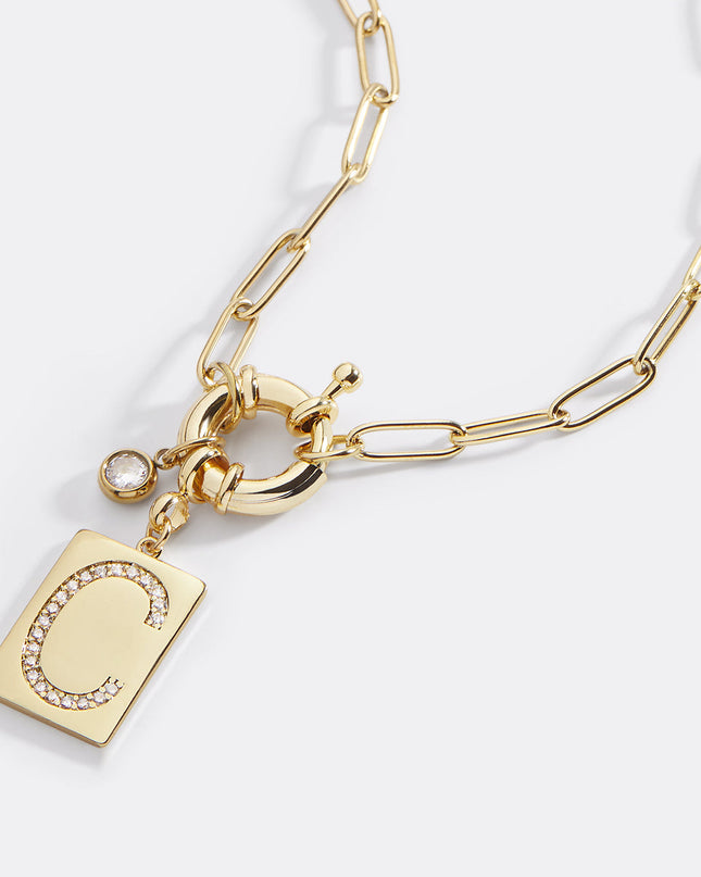 Pave Initial Pendant Necklace with Paperclip Chain