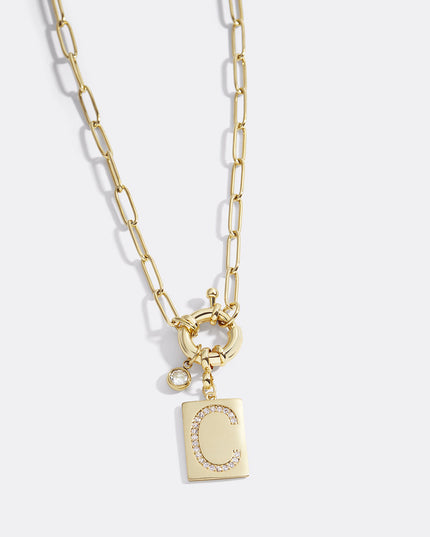 Pave Initial Pendant Necklace with Paperclip Chain