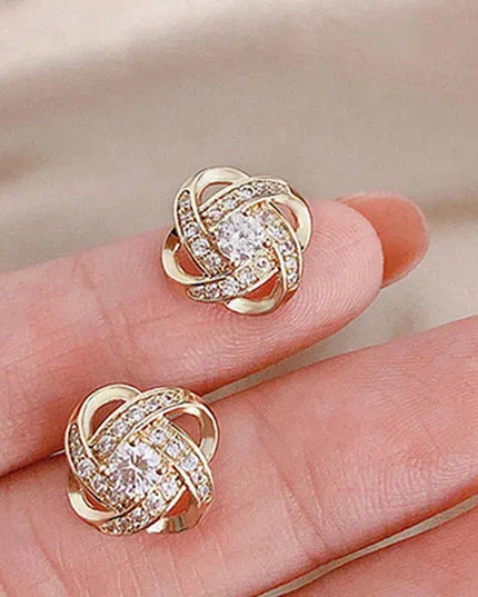 Glittering Gold Spiral Floral Crystal Stud Earrings - Delicate, Sparkling Floral Design