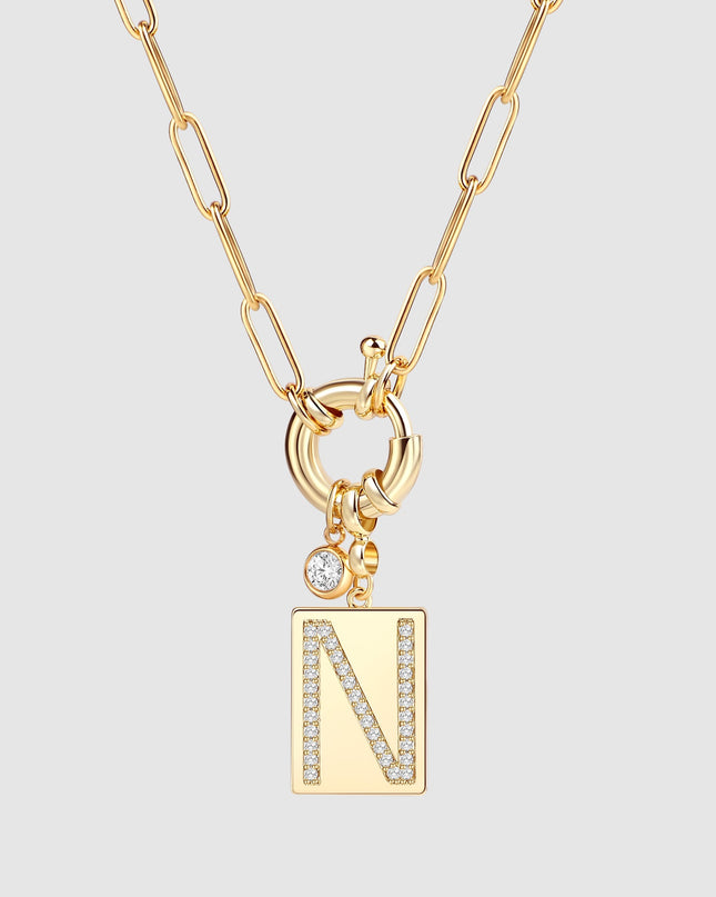 Pave Initial Pendant Necklace with Paperclip Chain