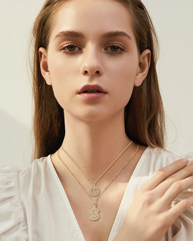 Gold Pave Letter Initial Necklace Set