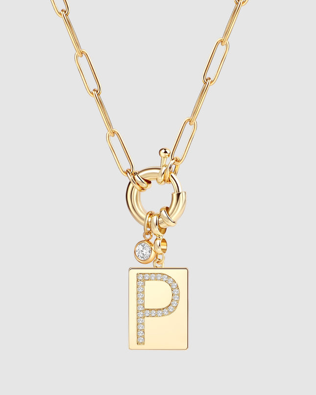 Pave Initial Pendant Necklace with Paperclip Chain