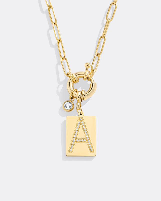Pave Initial Pendant Necklace with Paperclip Chain