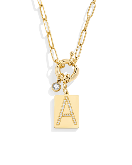 Pave Initial Pendant Necklace with Paperclip Chain