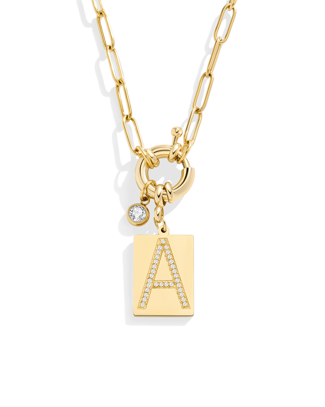 Pave Initial Pendant Necklace with Paperclip Chain
