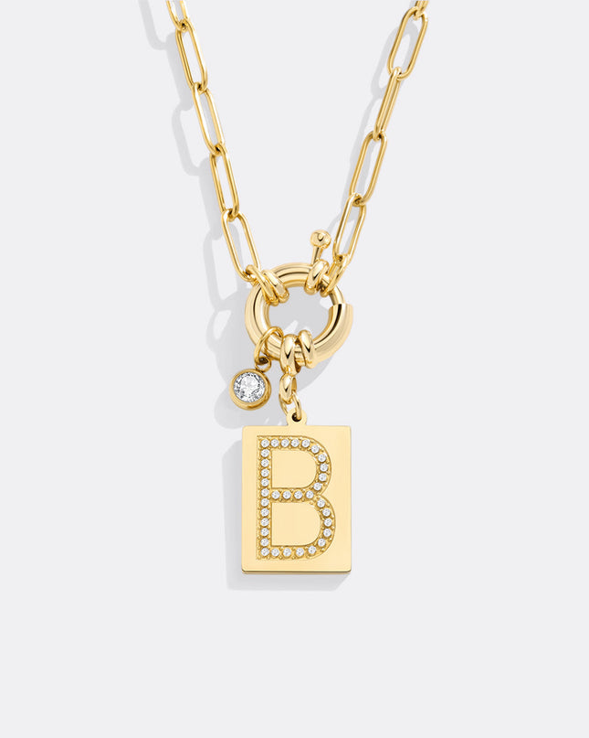 Pave Initial Pendant Necklace with Paperclip Chain