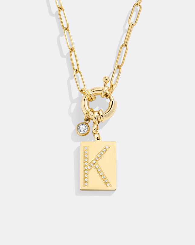 Pave Initial Pendant Necklace with Paperclip Chain