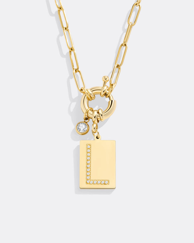 Pave Initial Pendant Necklace with Paperclip Chain