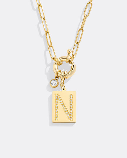 Pave Initial Pendant Necklace with Paperclip Chain