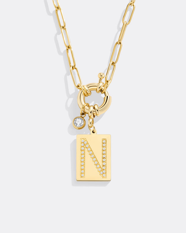 Pave Initial Pendant Necklace with Paperclip Chain