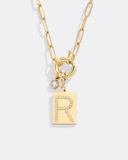 Pave Initial Pendant Necklace with Paperclip Chain