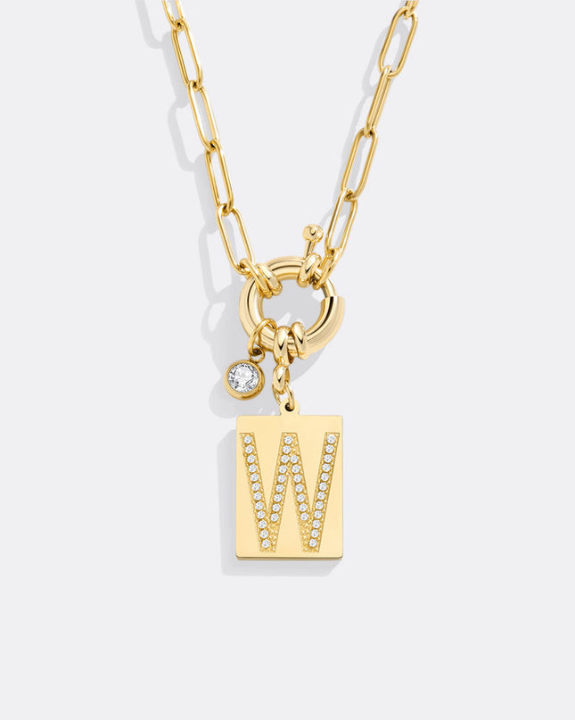 Pave Initial Pendant Necklace with Paperclip Chain