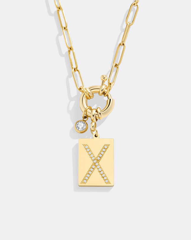 Pave Initial Pendant Necklace with Paperclip Chain
